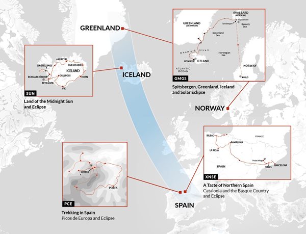 Map showing 2026 eclipse trips